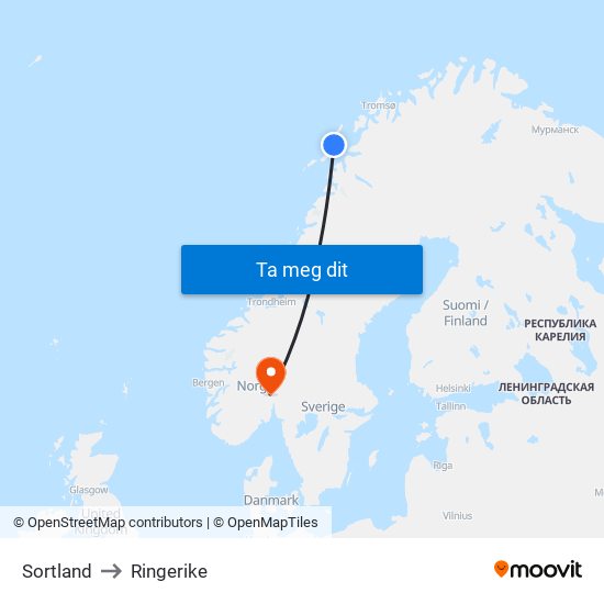 Sortland to Ringerike map