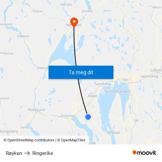 Røyken to Ringerike map