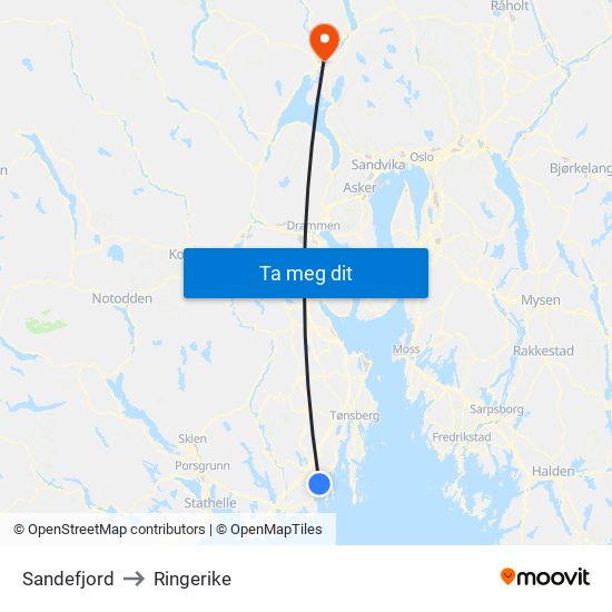 Sandefjord to Ringerike map