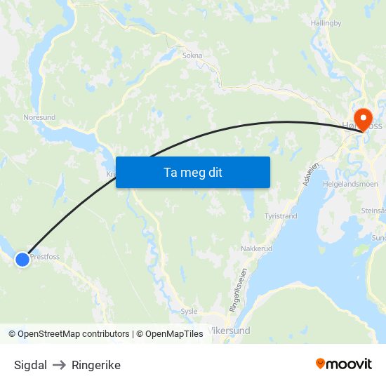 Sigdal to Ringerike map
