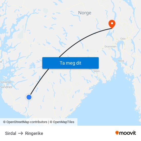 Sirdal to Ringerike map