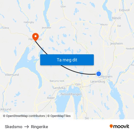 Skedsmo to Ringerike map