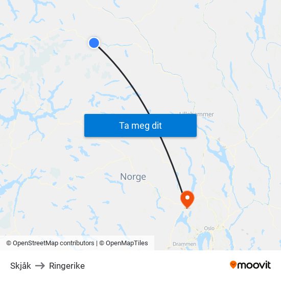 Skjåk to Ringerike map