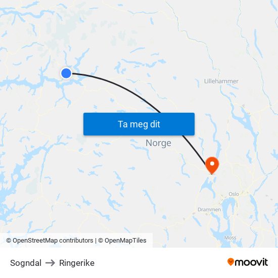 Sogndal to Ringerike map