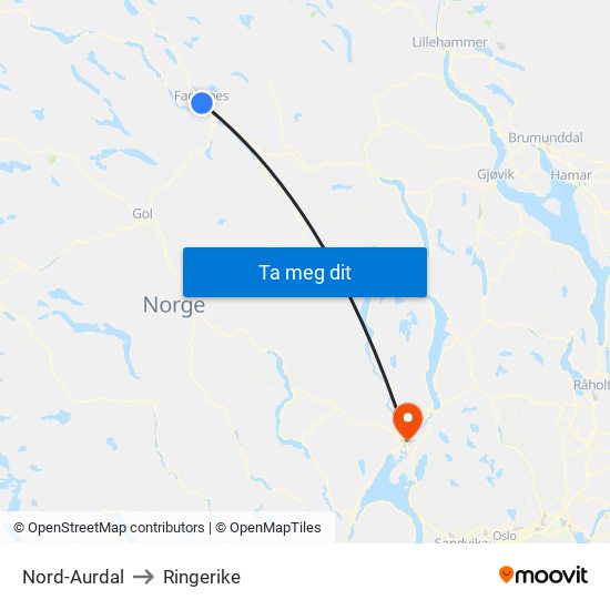 Nord-Aurdal to Ringerike map