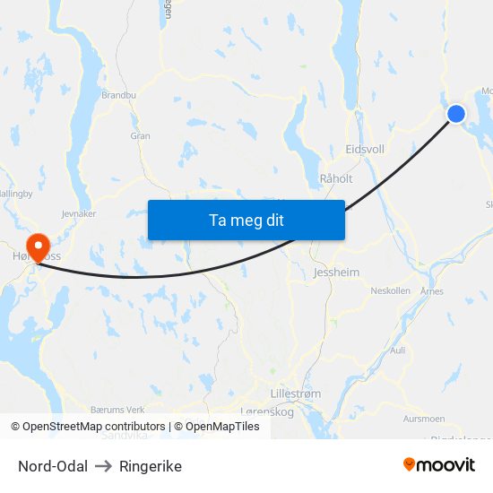 Nord-Odal to Ringerike map