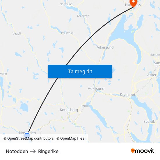 Notodden to Ringerike map