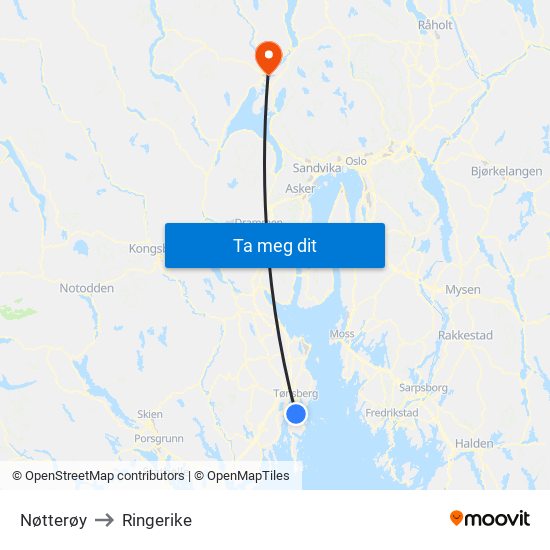 Nøtterøy to Ringerike map