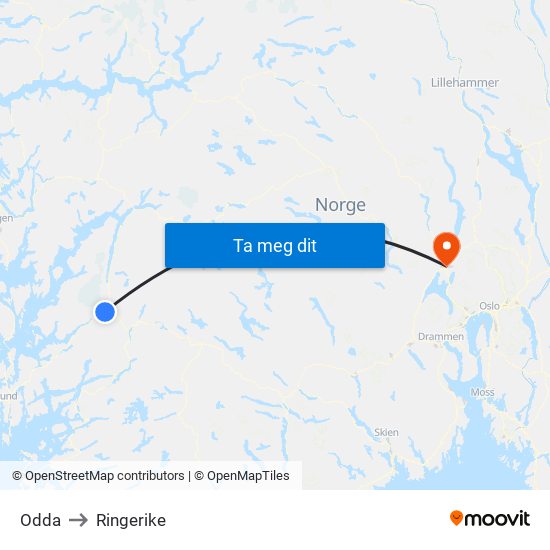 Odda to Ringerike map