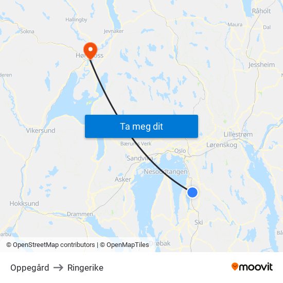 Oppegård to Ringerike map