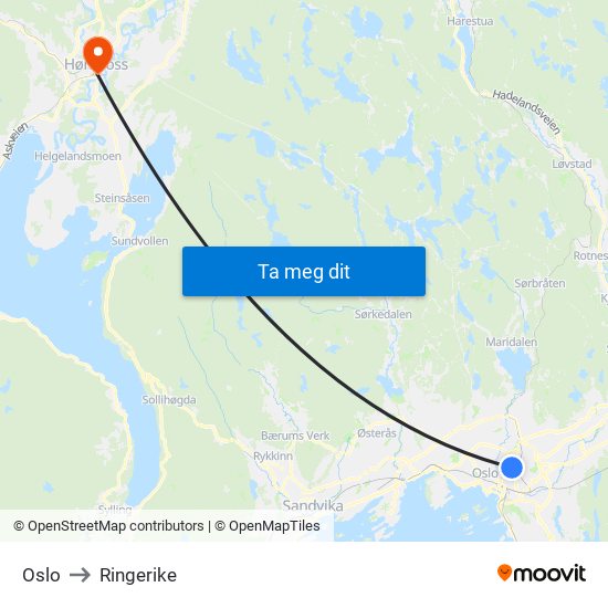 Oslo to Ringerike map