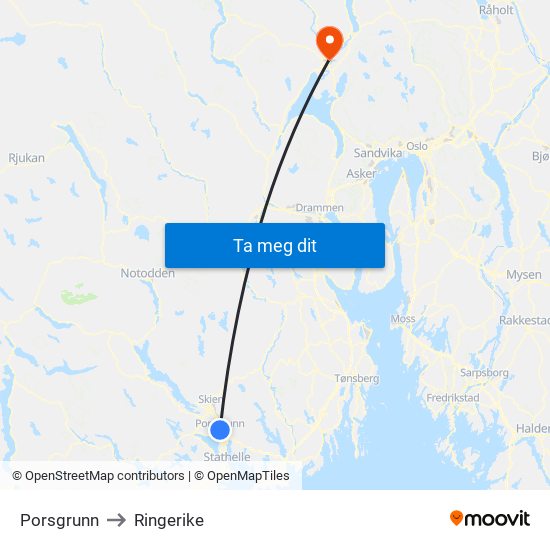 Porsgrunn to Ringerike map