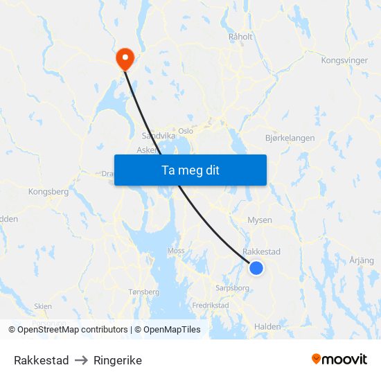 Rakkestad to Ringerike map