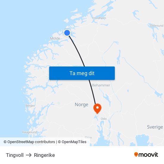 Tingvoll to Ringerike map
