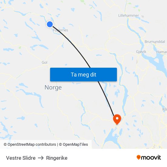 Vestre Slidre to Ringerike map