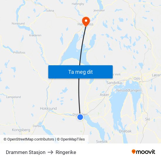 Drammen Stasjon to Ringerike map