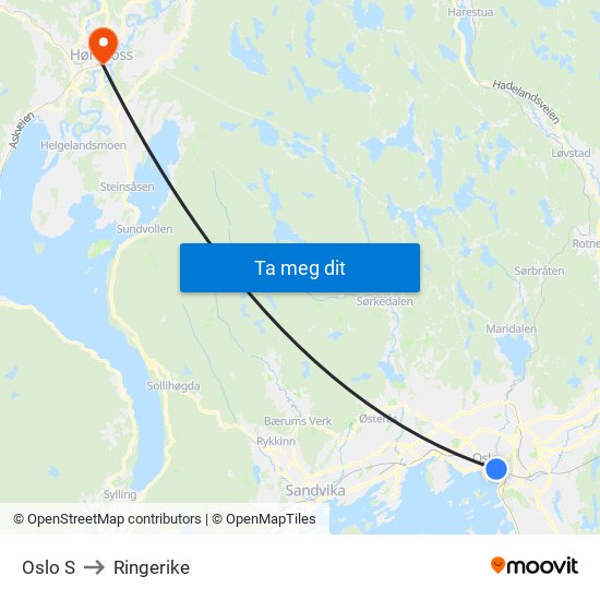 Oslo S to Ringerike map