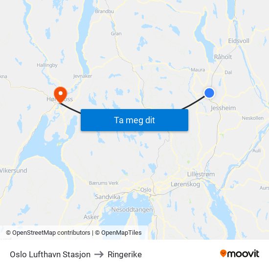 Oslo Lufthavn Stasjon to Ringerike map