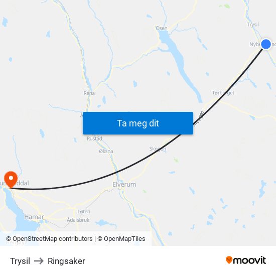 Trysil to Ringsaker map