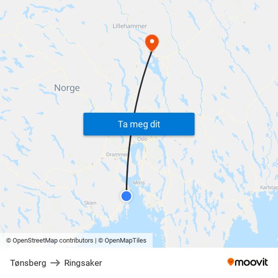 Tønsberg to Ringsaker map