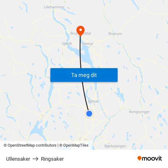 Ullensaker to Ringsaker map