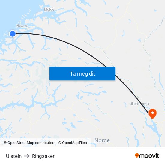 Ulstein to Ringsaker map