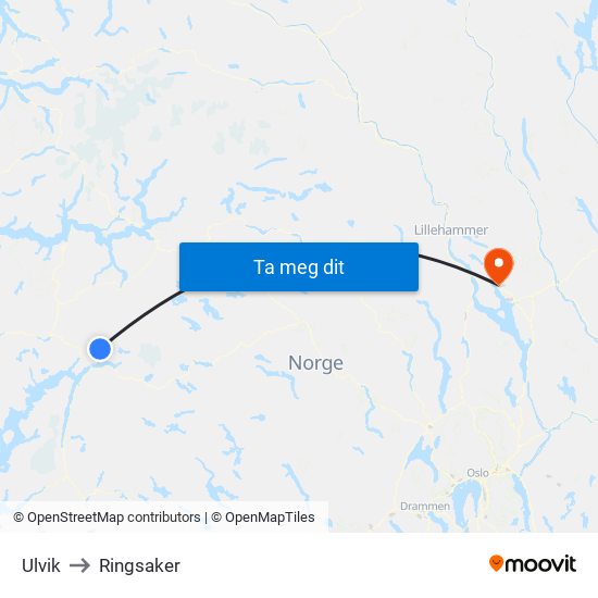 Ulvik to Ringsaker map
