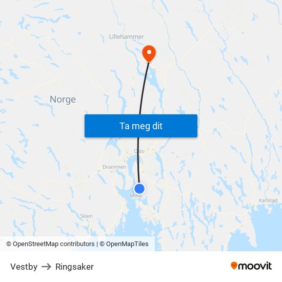 Vestby to Ringsaker map