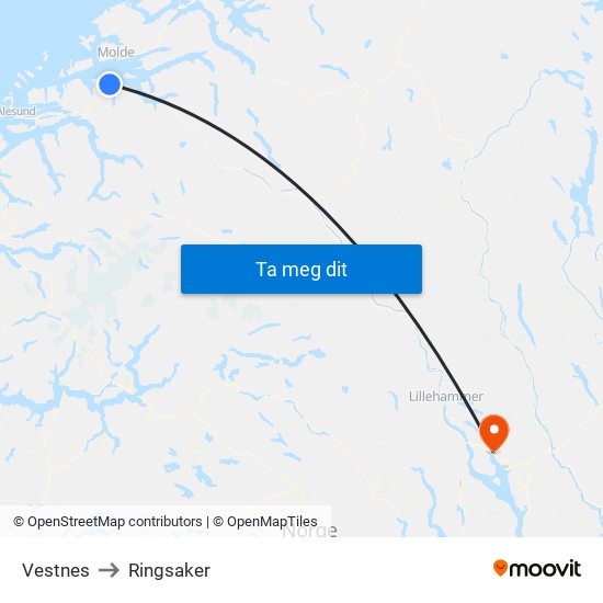 Vestnes to Ringsaker map