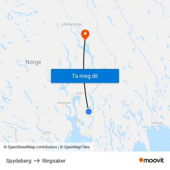 Spydeberg to Ringsaker map