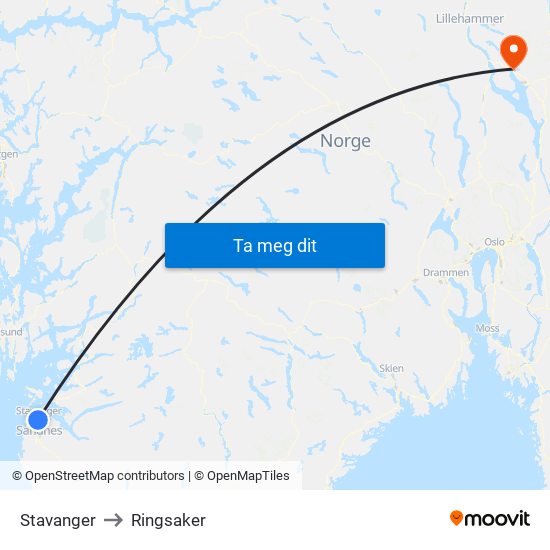 Stavanger to Ringsaker map