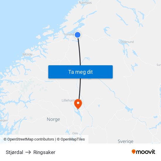 Stjørdal to Ringsaker map