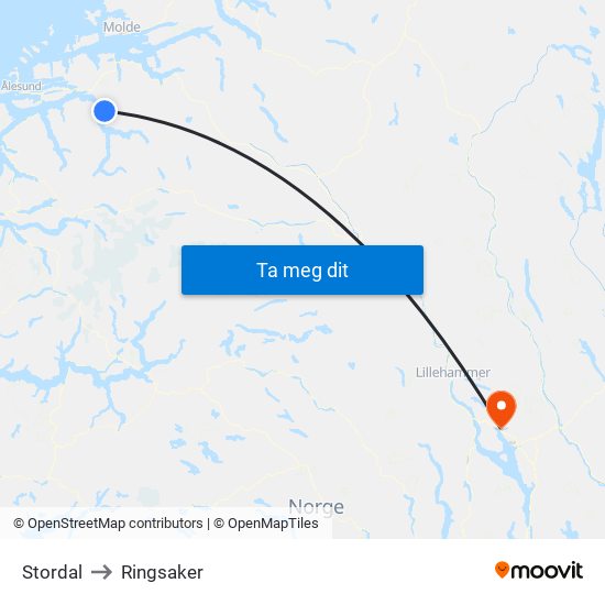 Stordal to Ringsaker map