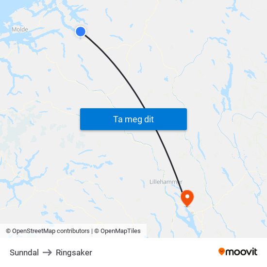 Sunndal to Ringsaker map