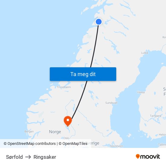 Sørfold to Ringsaker map