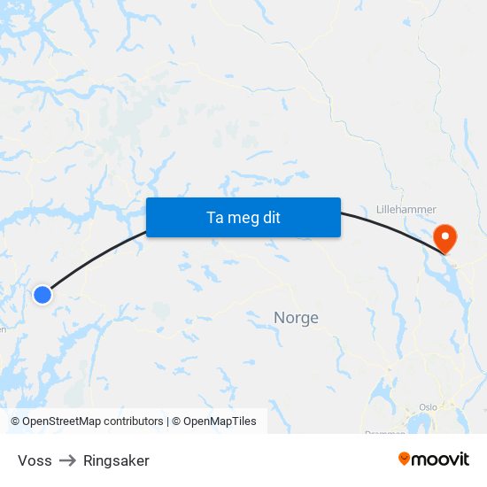 Voss to Ringsaker map