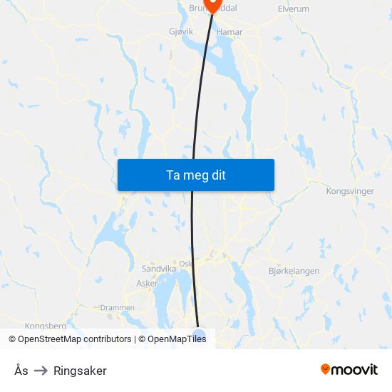 Ås to Ringsaker map
