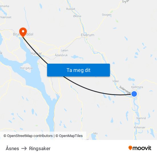 Åsnes to Ringsaker map