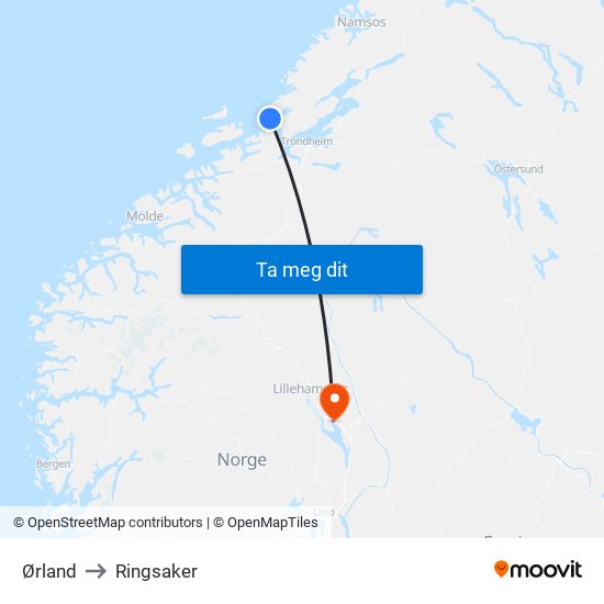 Ørland to Ringsaker map