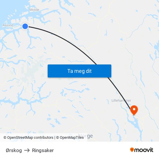 Ørskog to Ringsaker map