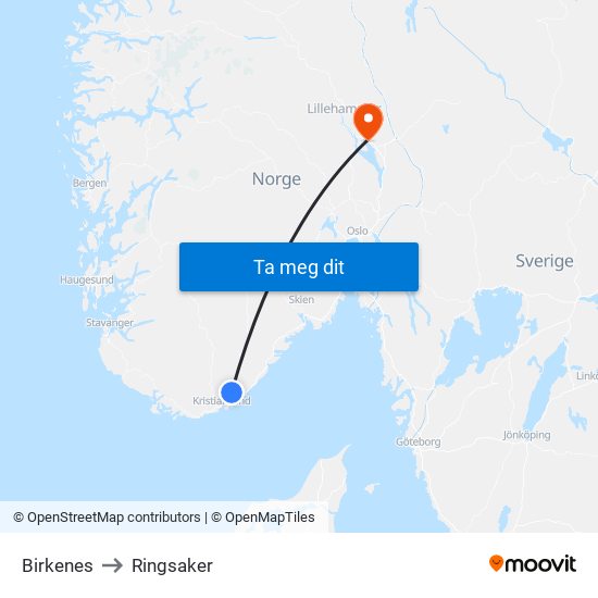 Birkenes to Ringsaker map