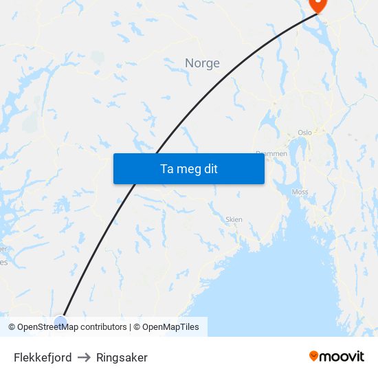 Flekkefjord to Ringsaker map