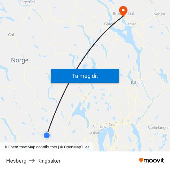 Flesberg to Ringsaker map