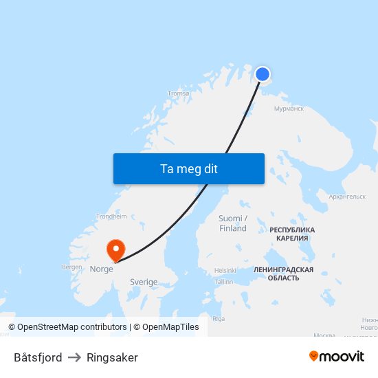Båtsfjord to Ringsaker map