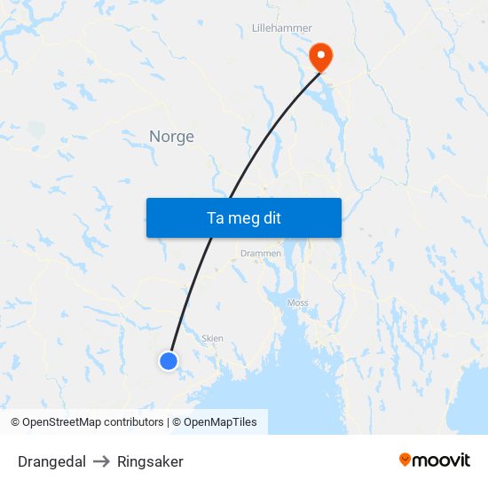 Drangedal to Ringsaker map