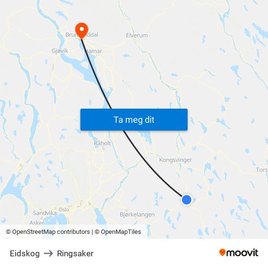 Eidskog to Ringsaker map