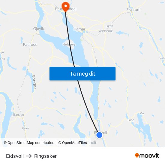 Eidsvoll to Ringsaker map