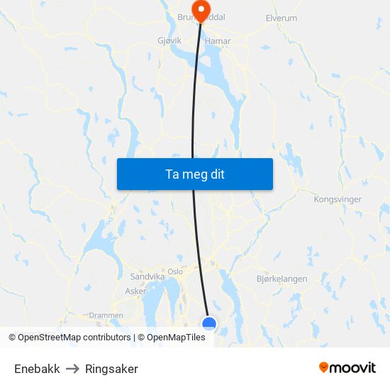 Enebakk to Ringsaker map