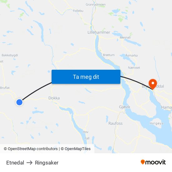 Etnedal to Ringsaker map