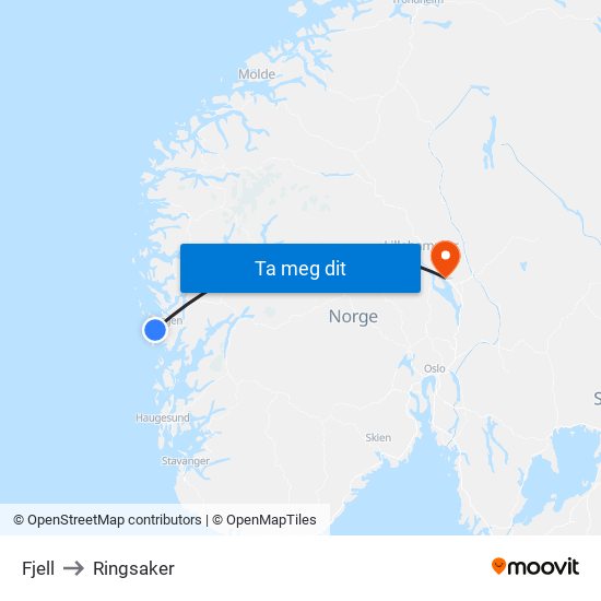 Fjell to Ringsaker map